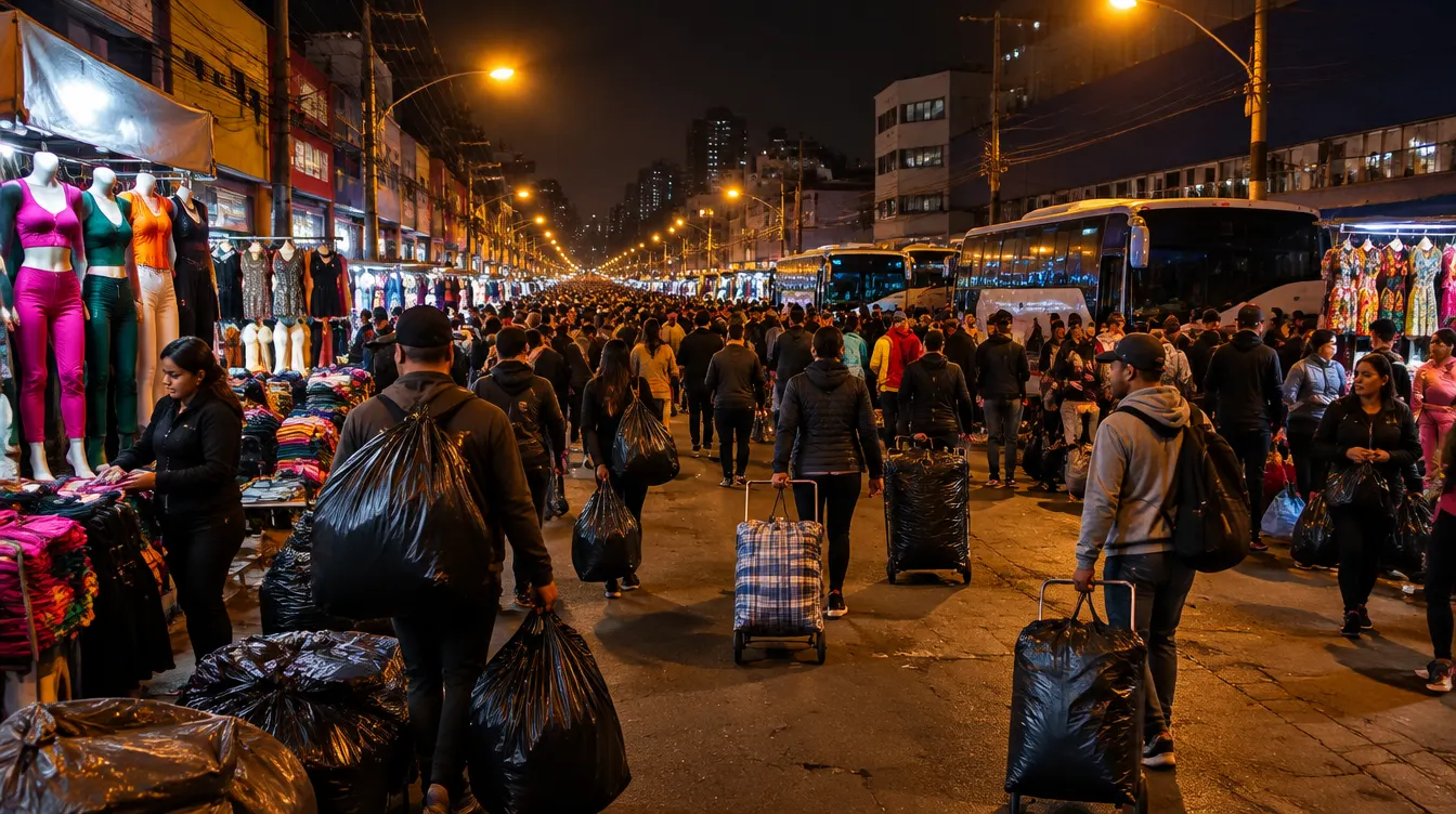 Rua do Brás lotada de madrugada com compradores e sacolas