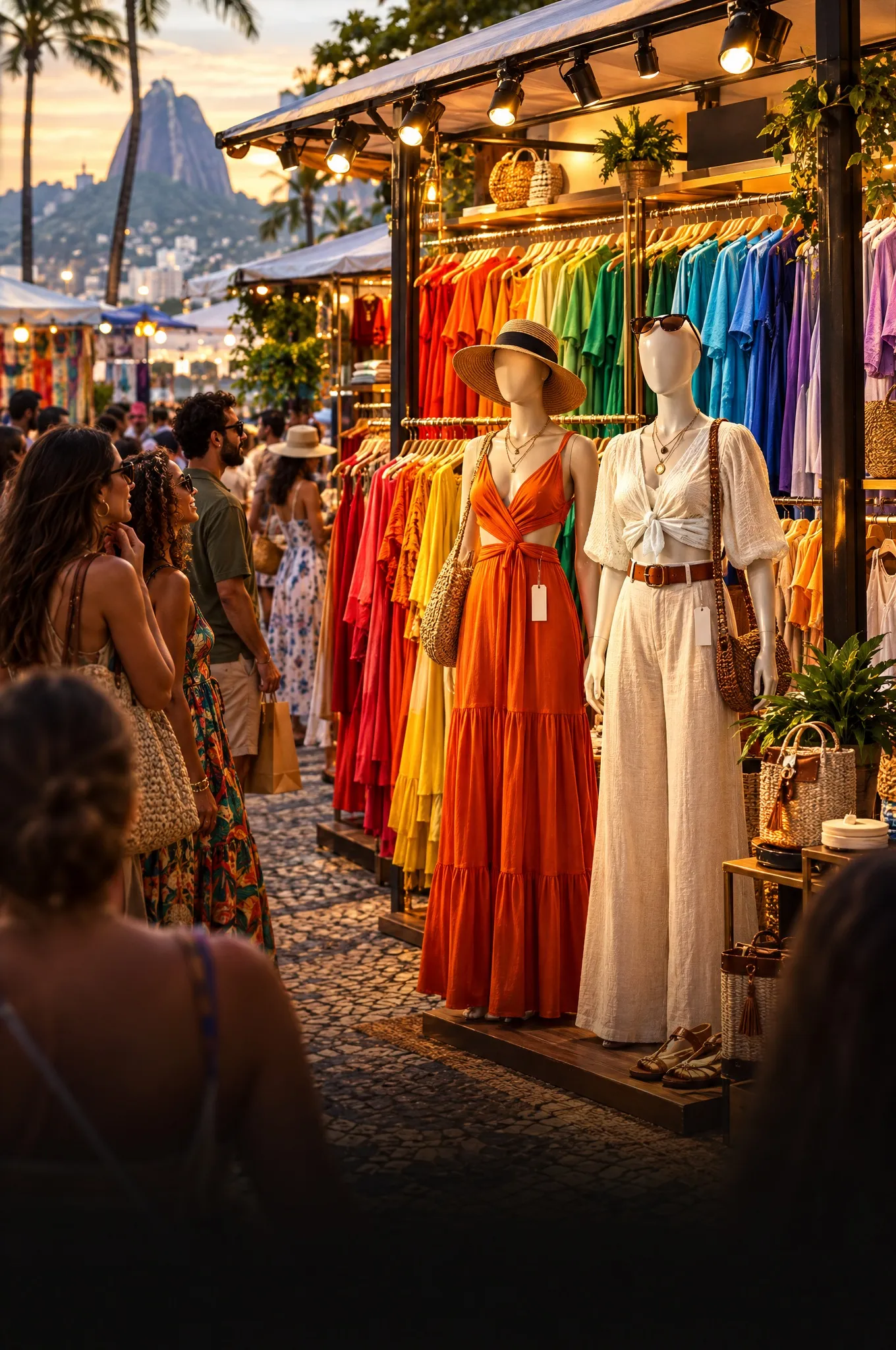 Banca de roupas iluminada numa feira à noite